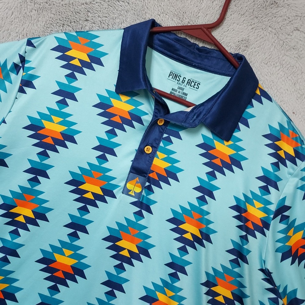 Pins & Aces Polo Shirt Men Large Geometric Southwestern Golf Blue Aztec Jersey L